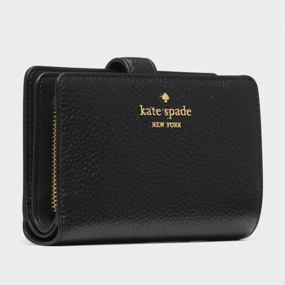 New Kate Spade Medium Compact Bifold Wallet Pebble Leather Black